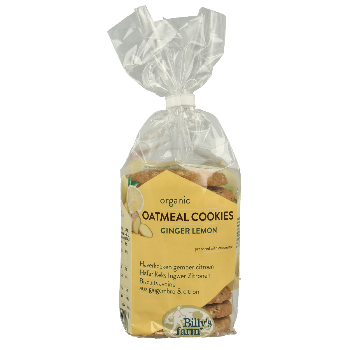 Billy's Farm gember-citroen bio koekjes, 200g, showing golden-brown ginger and lemon-flavored farm-made cookies.