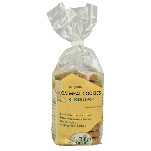 Billy's Farm gember-citroen bio koekjes, 200g, showing golden-brown ginger and lemon-flavored farm-made cookies.