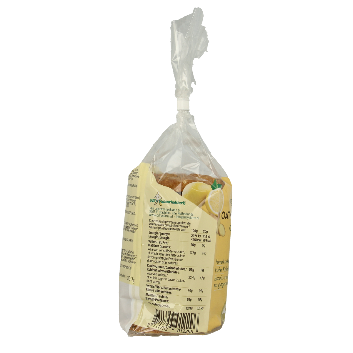 Billy's Farm ginger-lemon organic havercookies, 200g, showing golden-brown koeken with ginger and lemon flavor details.