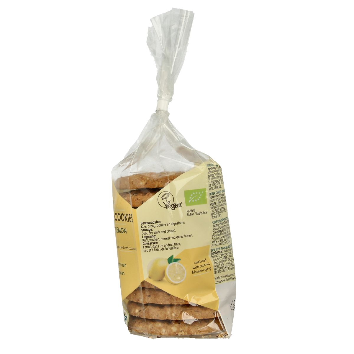 Billy's Farm ginger lemon organic cookies, 200g, featuring golden, crispy koeken with ginger and lemon flavor in a clear package.