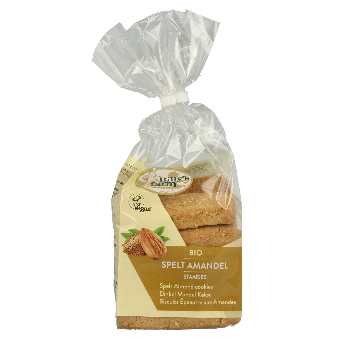 Billy's Farm organic spelt cookies with almond, 175g, showing golden-brown, crunchy biscuit sticks on a white background.