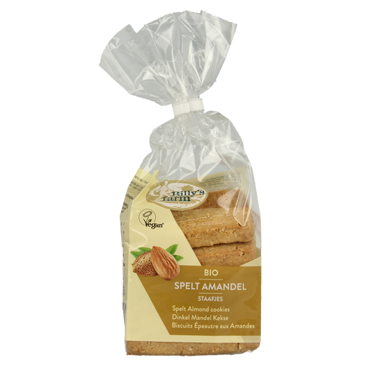 Billy's Farm organic spelt cookies with almond, 175g, showing golden-brown, crunchy biscuit sticks on a white background.