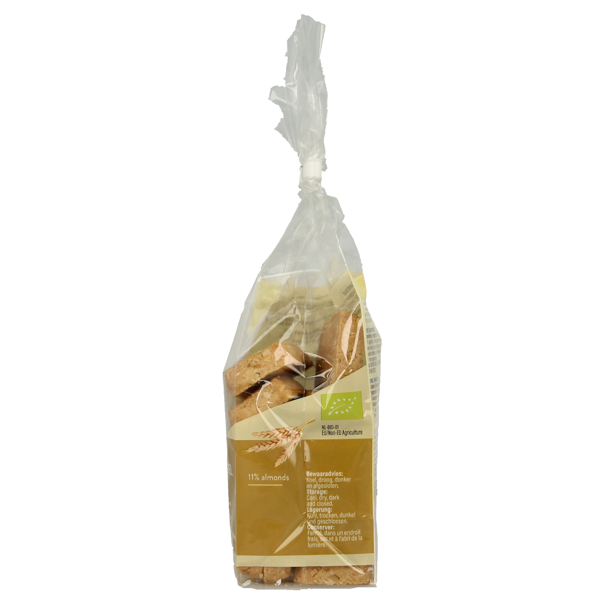 Billy's Farm organic speltstaafjes with almonds, 175g, showing golden almond-flavored spelt cookies on a white background.