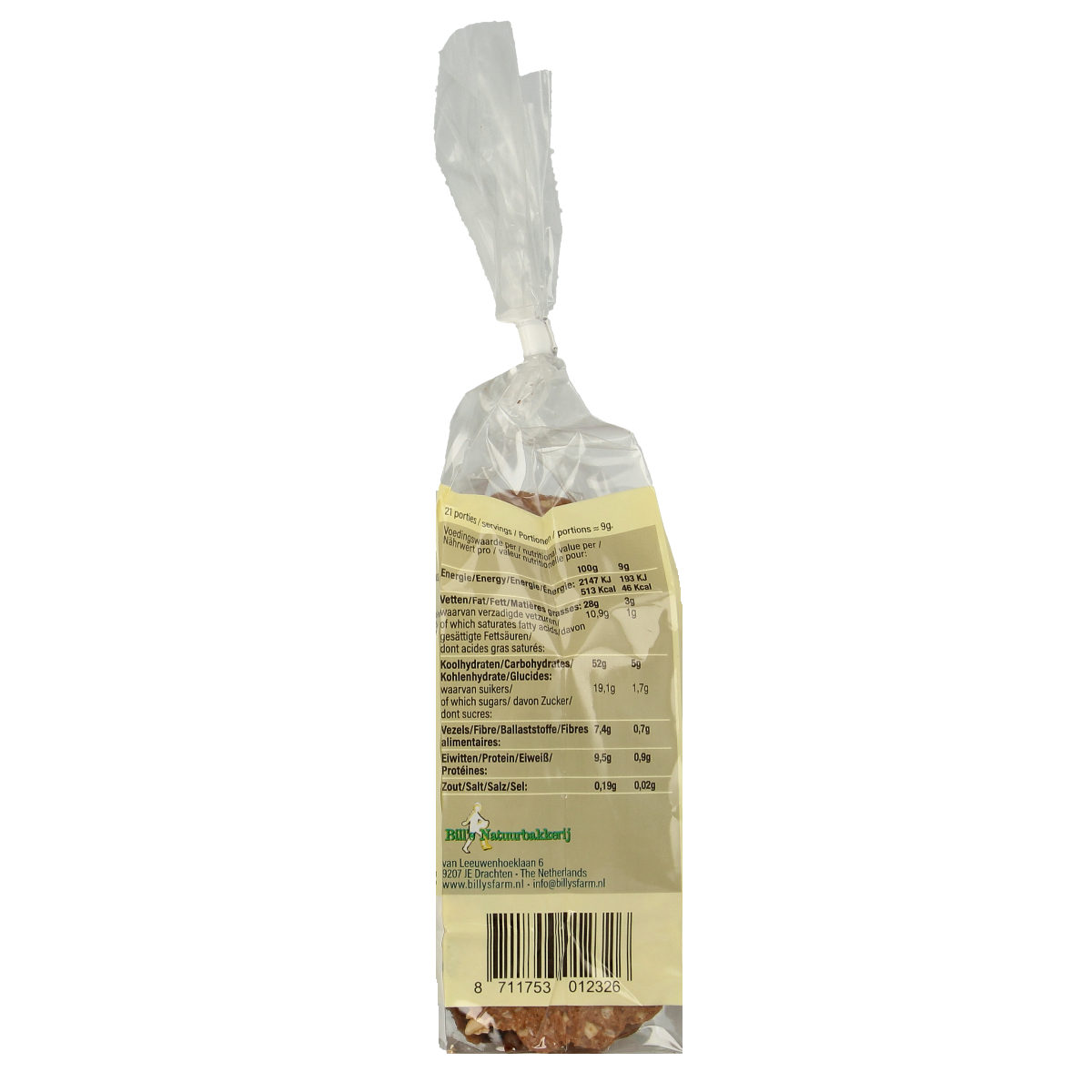 Billy's Farm hazelnut-cacao organic koekjes, 175g, featuring crunchy farm-style cookies with rich hazelnut and cacao flavors.