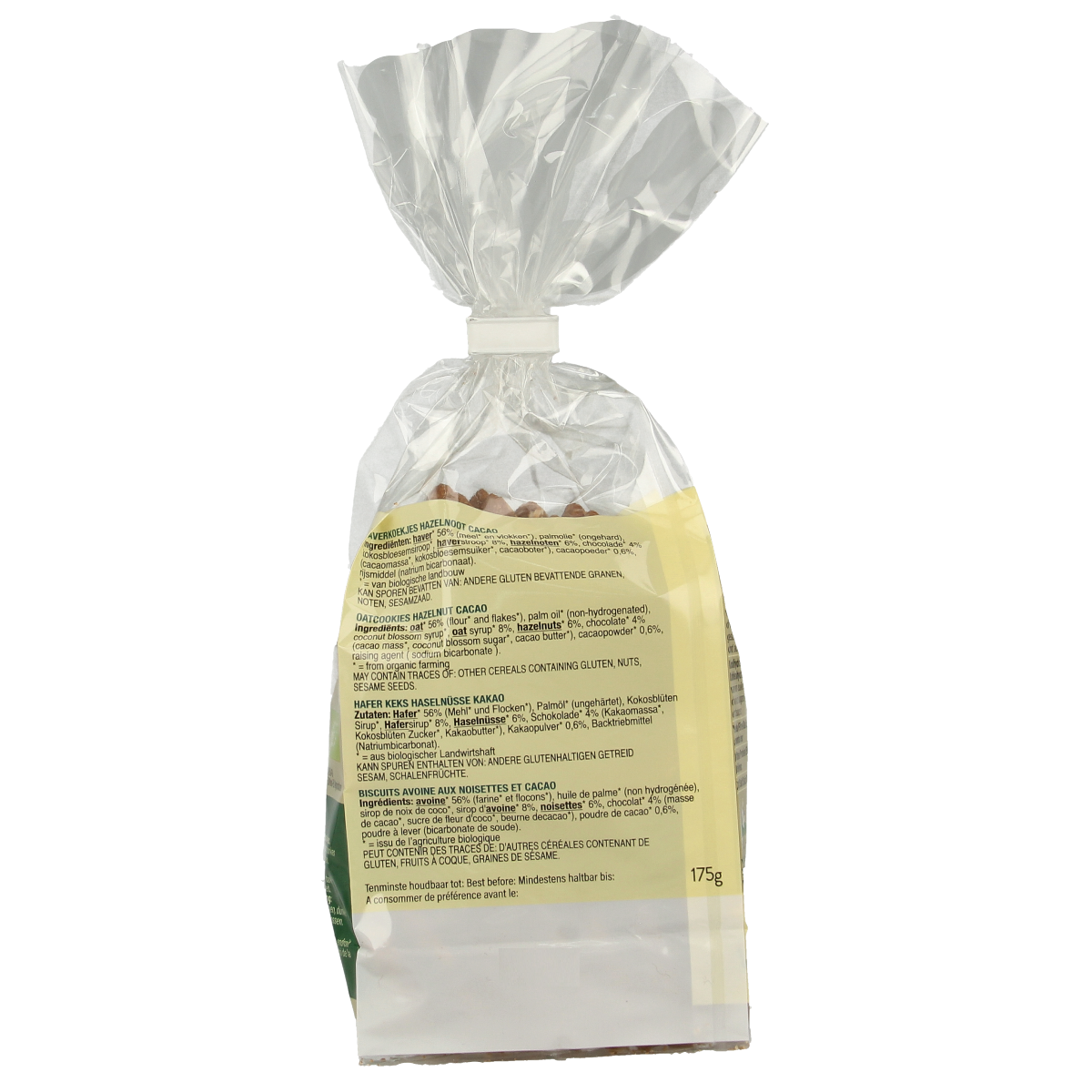 Billy's Farm hazelnut-cacao organic cookies, Haverkoekjes, 175g, featuring chocolate and hazelnut flavors in a clear package.