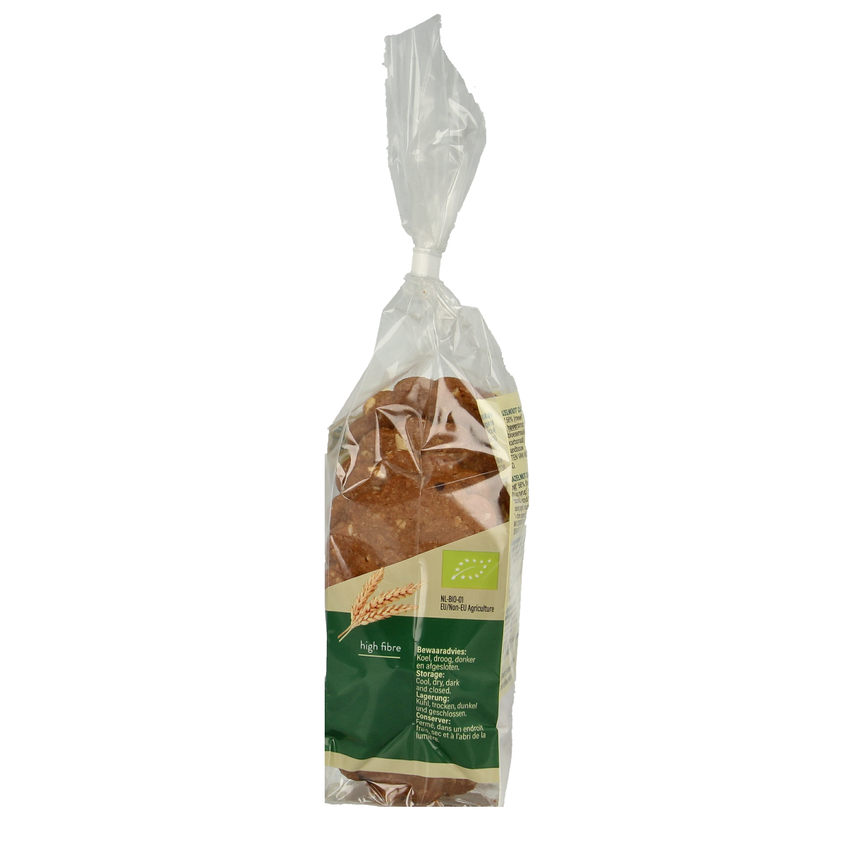 Billy's Farm hazelnut-cacao organic Haverkoekjes cookies, 175g, with hazelnuts and cocoa in a clear view.