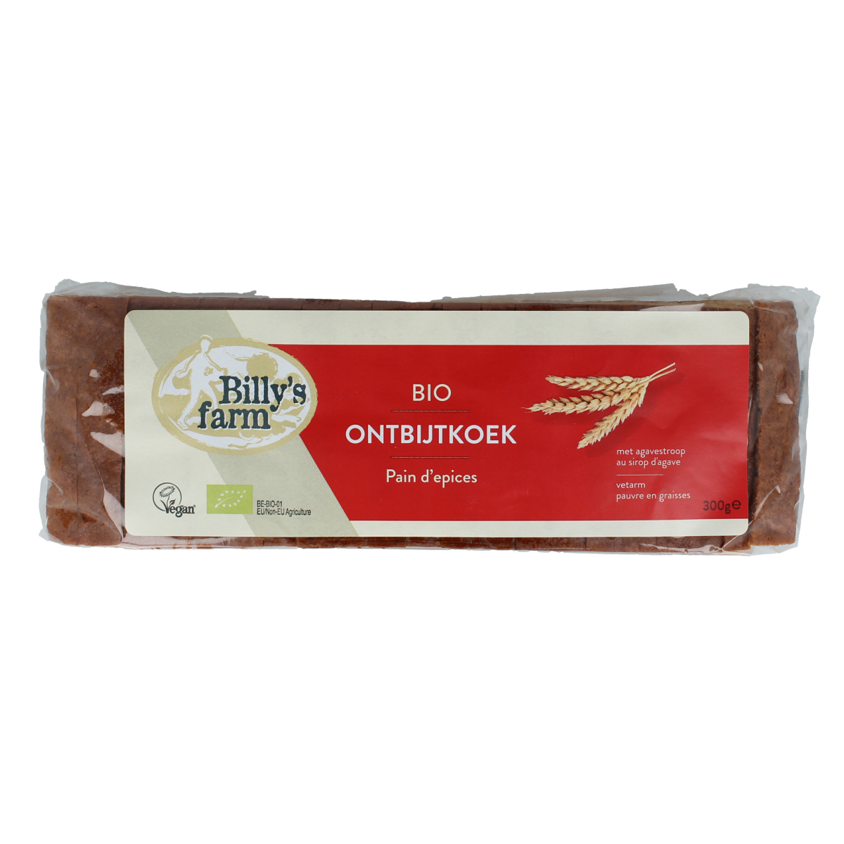 Billy's Farm bio Ontbijtkoek naturel, 300g, showing slices of traditional Dutch spiced breakfast cake on a wooden board