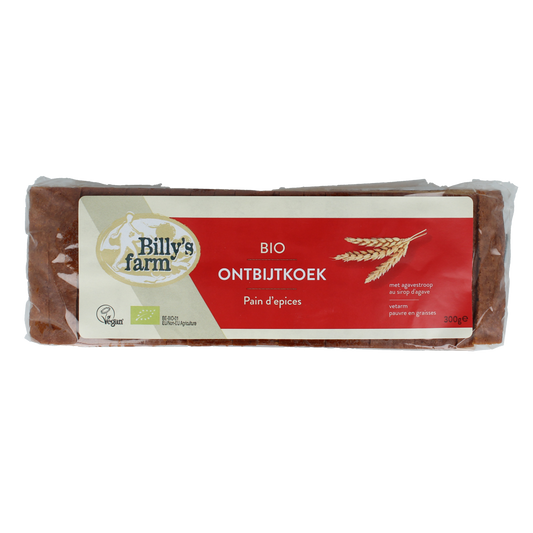 Billy's Farm bio Ontbijtkoek naturel, 300g, showing slices of traditional Dutch spiced breakfast cake on a wooden board