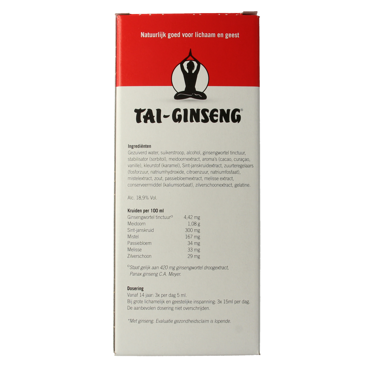Bottle of Tai Ginseng Tai-Ginseng elixir in 500ml container, herbal supplement from Kruidenpreparaten brand.
