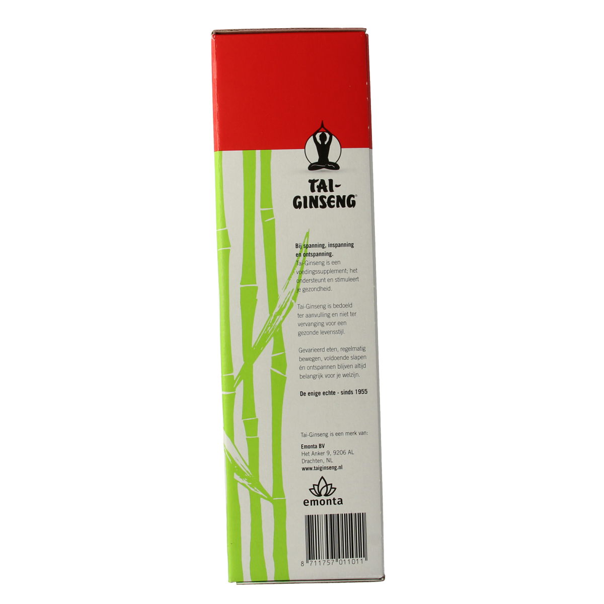 Bottle of Tai Ginseng Tai-Ginseng elixir in 500ml size, herbal supplement from Kruidenpreparaten brand, with a label featuring ginseng roots.