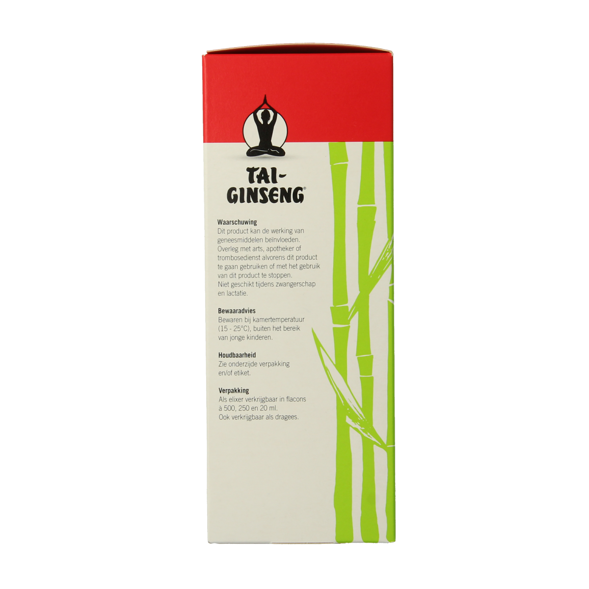 Bottle of Tai Ginseng Tai-Ginseng elixir 250ml in a glass container, part of Kruidenpreparaten herbal supplement line.