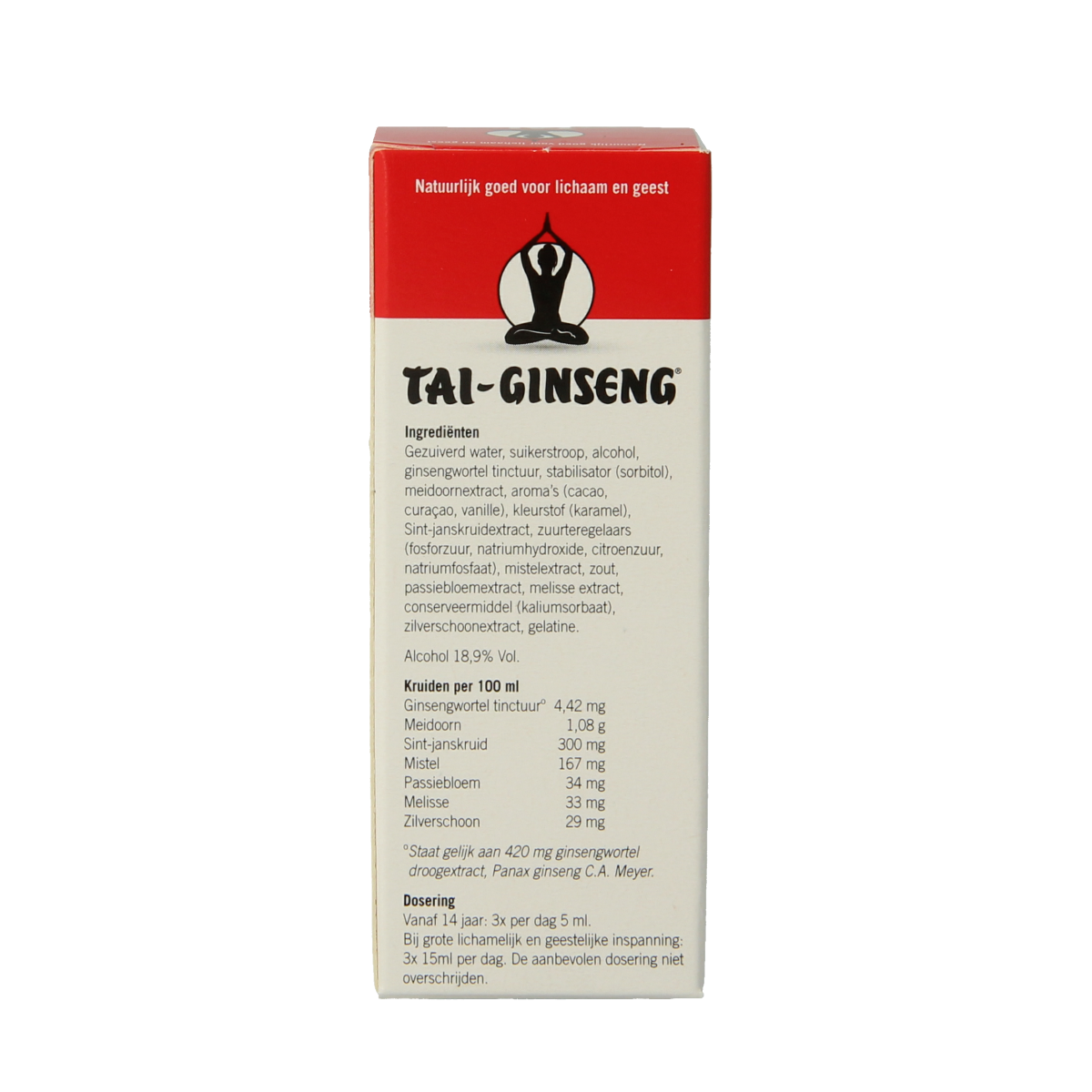 Bottle of Tai Ginseng Tai-Ginseng elixir in 20ml dropper, herbal supplement from Kruidenpreparaten brand, with a clear label and cap.