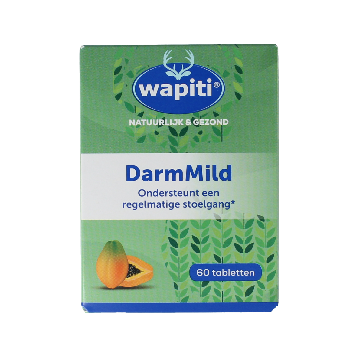 Wapiti Darmmild 60 dragees herbal supplement in a white bottle with label, showing the product's packaging and branding.