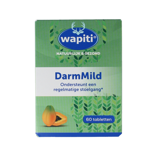 Wapiti Darmmild 60 dragees herbal supplement in a white bottle with label, showing the product's packaging and branding.