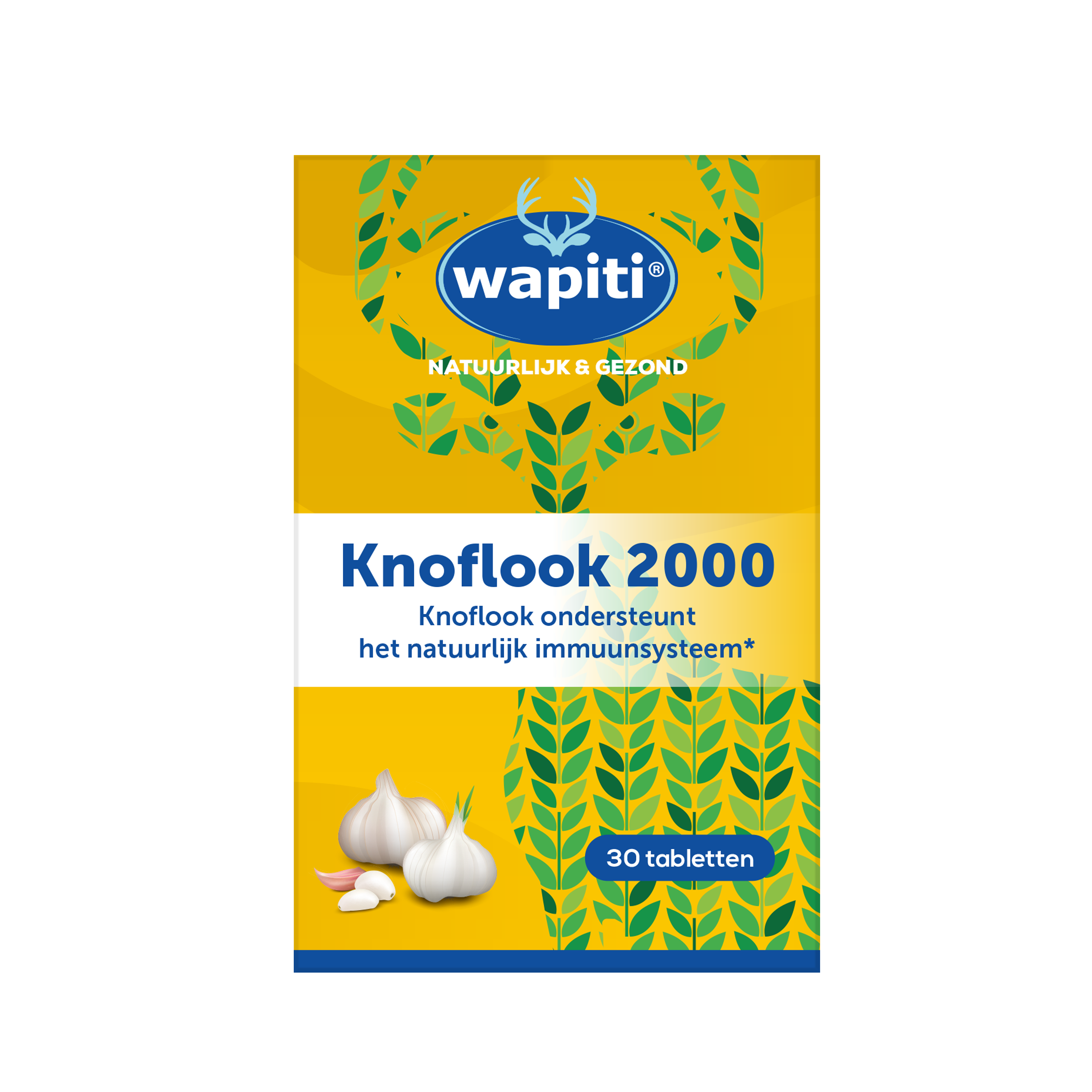 Wapiti Knoflook 2000 herbal supplement tablets in a bottle, natural garlic extract product from Wapiti for health support