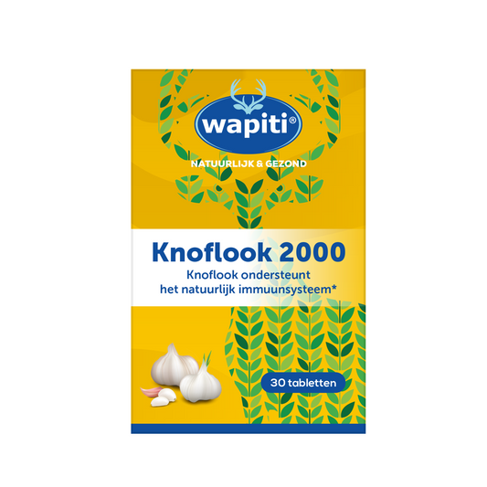 Wapiti Knoflook 2000 herbal supplement tablets in a bottle, natural garlic extract product from Wapiti for health support