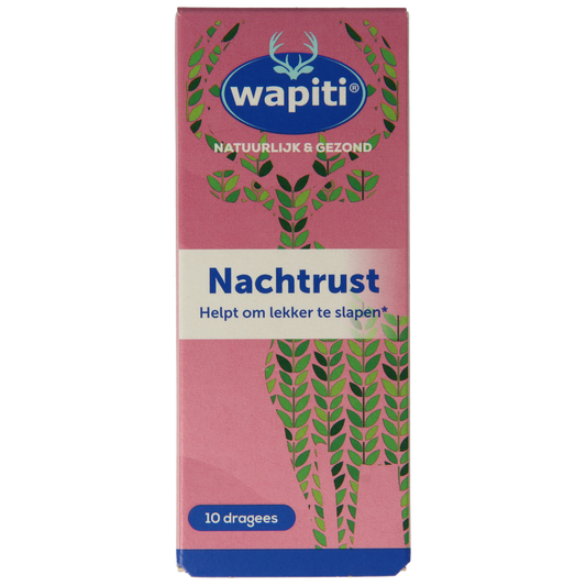 Wapiti Nachtrust kruidensupplement in a bottle, featuring 10.00 Dragees for restful sleep and relaxation.
