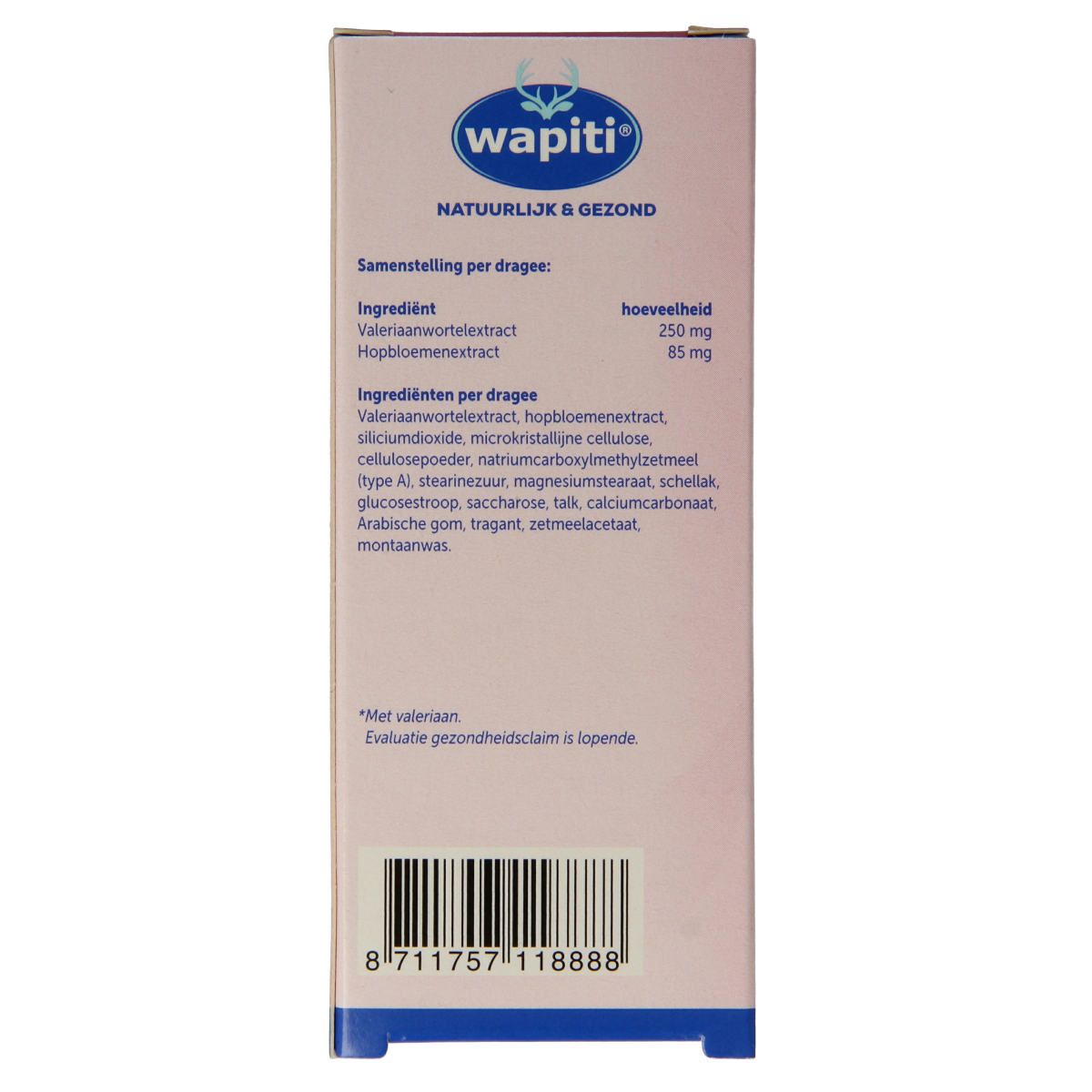 Wapiti Nachtrust Kruidenpreparaten Dragees in a jar, herbal supplement for restful sleep, with natural ingredients.