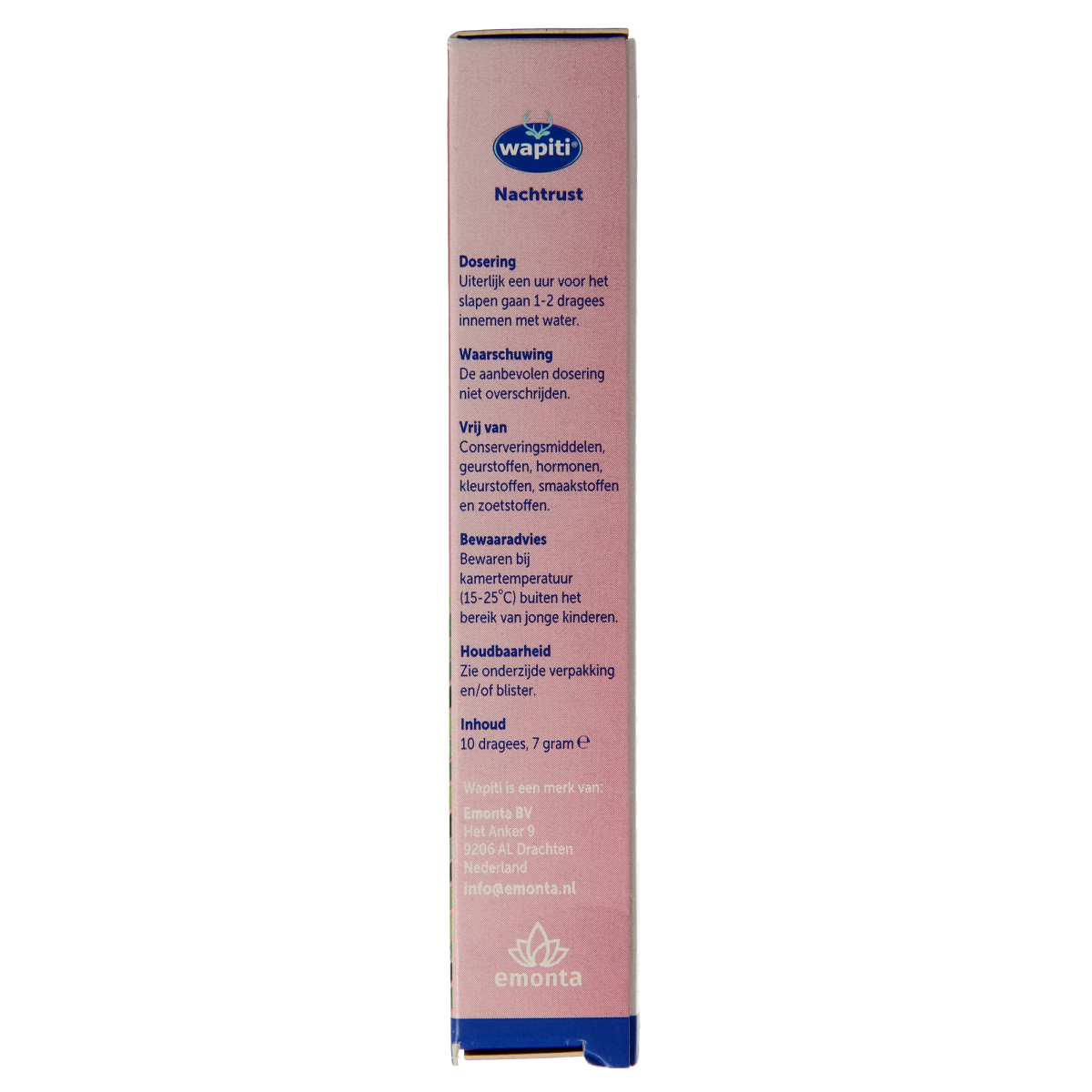 Wapiti Nachtrust Kruidenpreparaten box featuring 10 dragees, natural herbal supplement for restful sleep, brand Wapiti.