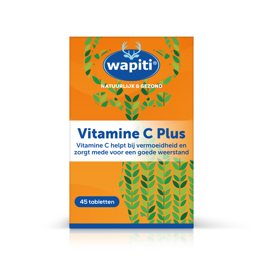 Wapiti Vitamine C Plus 1000 mg dietary tablets, 45 count, showing the supplement bottle with tablets inside.