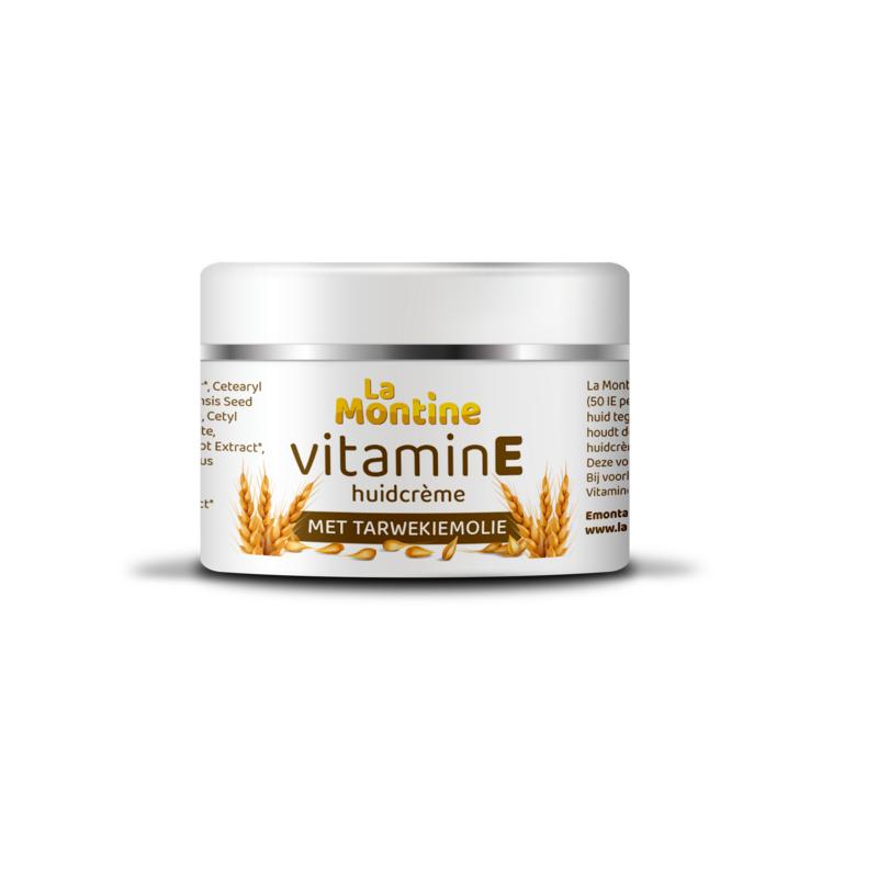 La Montine Vitamine E gezichtsverzorgingscrème in 40ml tube, featuring a white and orange packaging with a cream texture visible.