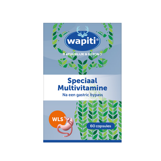 Wapiti Speciaal multivitamine bottle with 60 capsules, showing colorful label and capsules inside, for daily vitamin support.