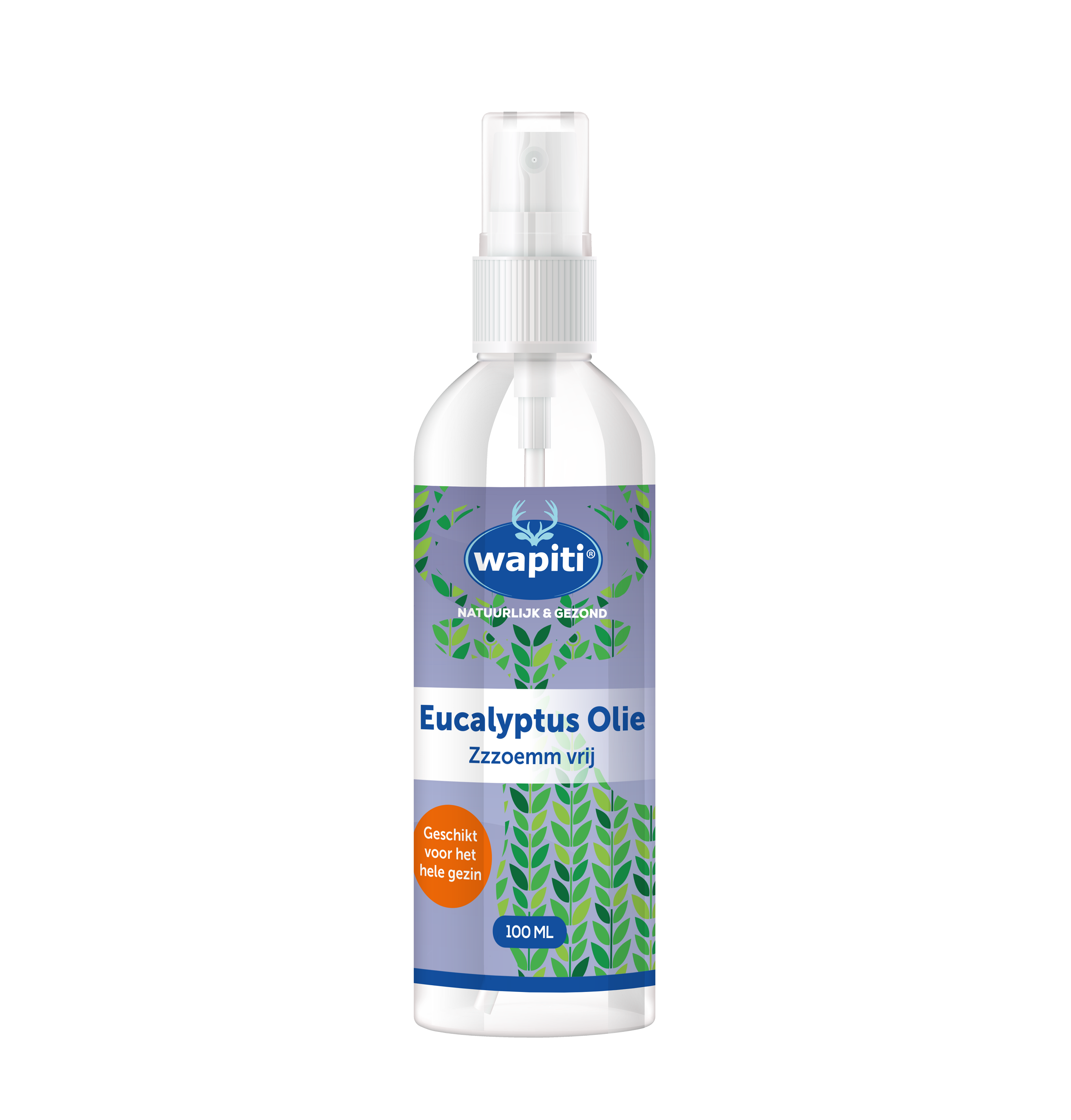 Wapiti Eucalyptus olie 100ml for body care, showing a clear bottle with eucalyptus oil and a label with brand and product details.