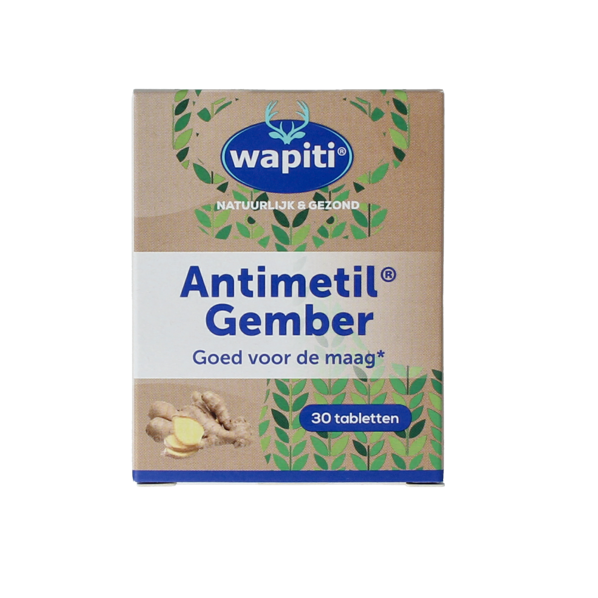 Wapiti Antimetil gember herbal tablets in a blister pack, natural herbal supplement for digestive support.