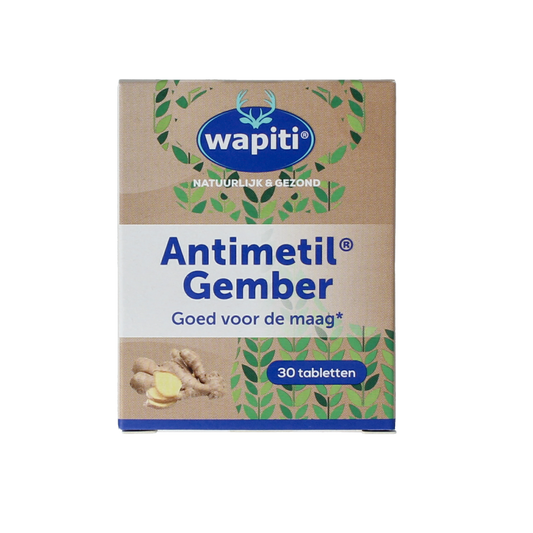Wapiti Antimetil gember herbal tablets in a blister pack, natural herbal supplement for digestive support.