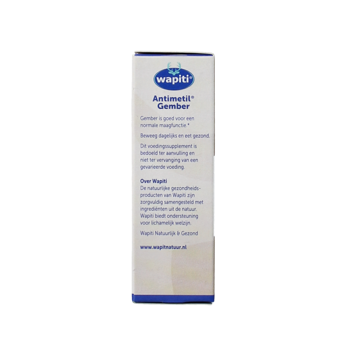 Wapiti Antimetil gember herbal supplement bottles with tablets, natural remedy for digestive support, in a white container.