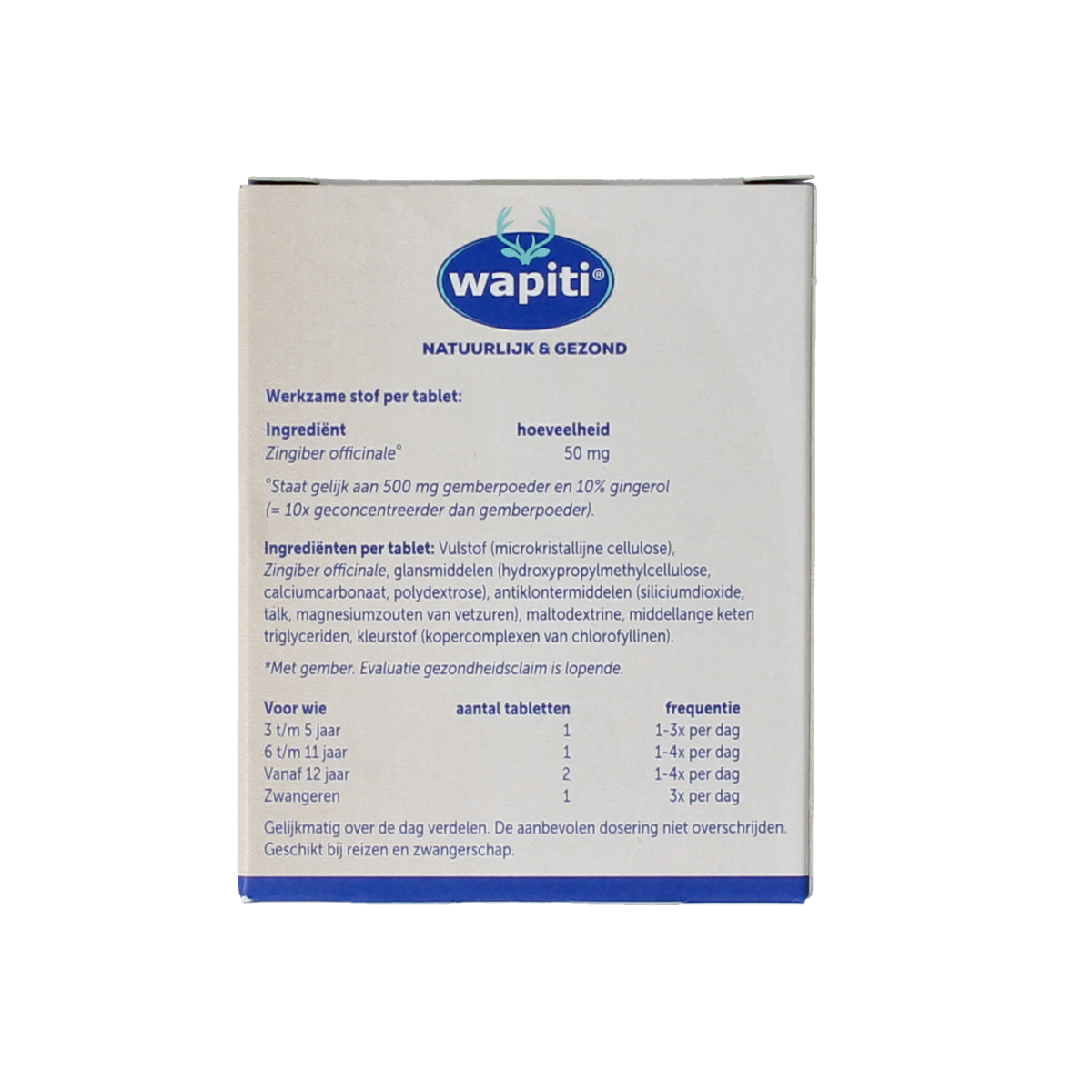 Wapiti Antimetil gember kruidenpreparaten in een doos met 30 tabletten, natuurlijke gember supplement voor ondersteuning.