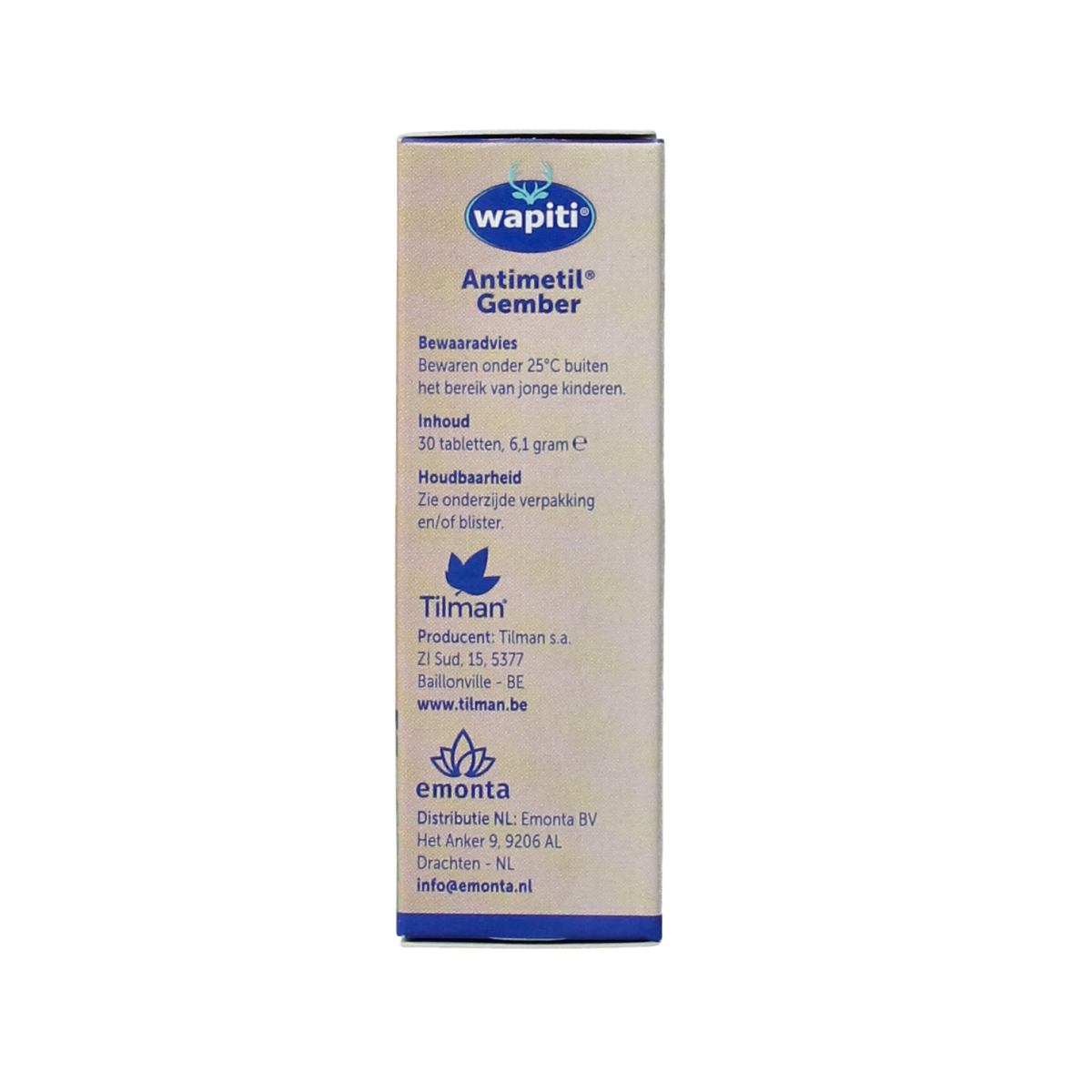 Wapiti Antimetil gember herbal supplement tablets, natural remedy for digestion, 30 tablets, shown in blister pack.