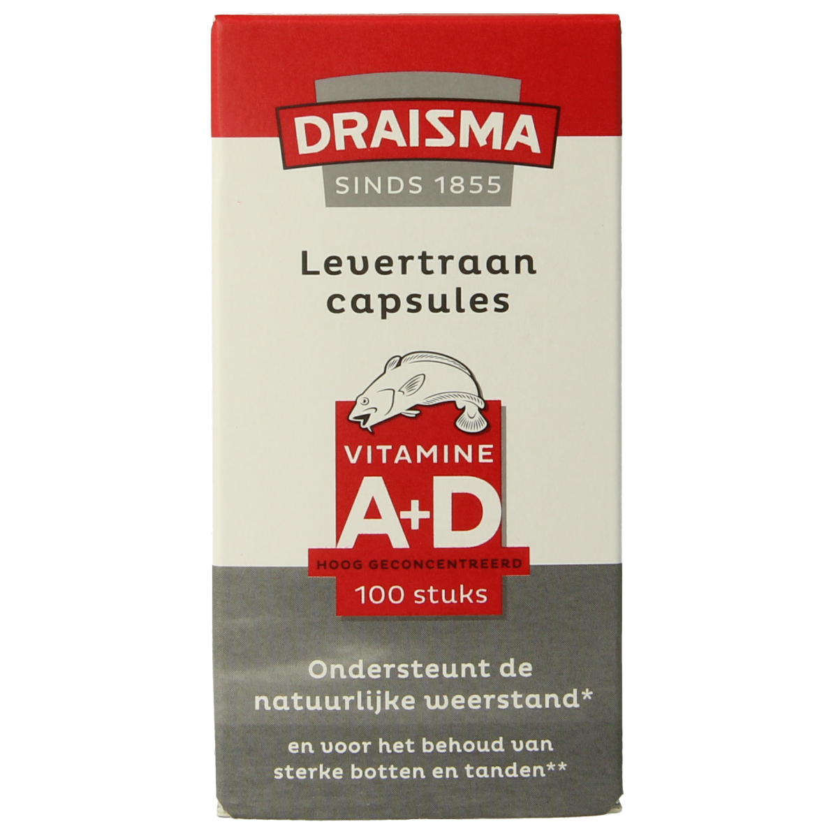 Draisma Vitamine A + D levertraan capsules, multivitamin supplement in a clear bottle with capsules visible inside