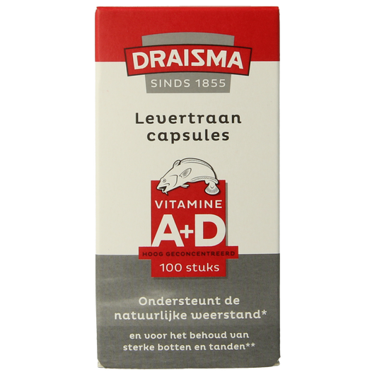 Draisma Vitamine A + D levertraan capsules, multivitamin supplement in a clear bottle with capsules visible inside