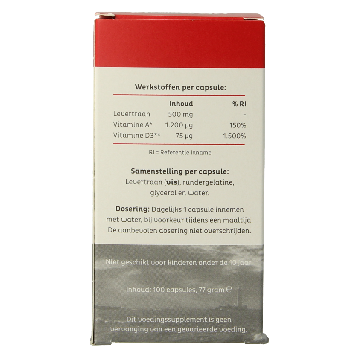 Draisma Vitamine A + D levertraan capsules, multivitamin supplement in a bottle with 100 capsules, designed for daily nutritional support