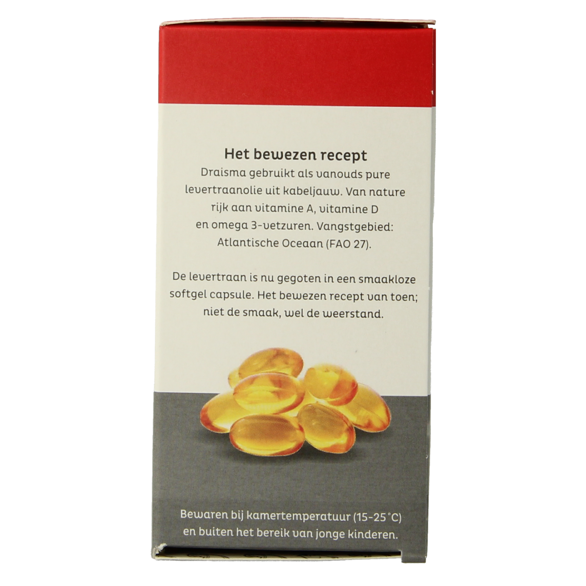 Draisma Vitamine A + D levertraan capsules, multivitamin supplement in a bottle with 100 capsules, featuring vitamin D and A.