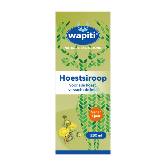 Wapiti Hoestsiroop 250ml bottle with label, herbal cough syrup for soothing cough relief from Wapiti brand.