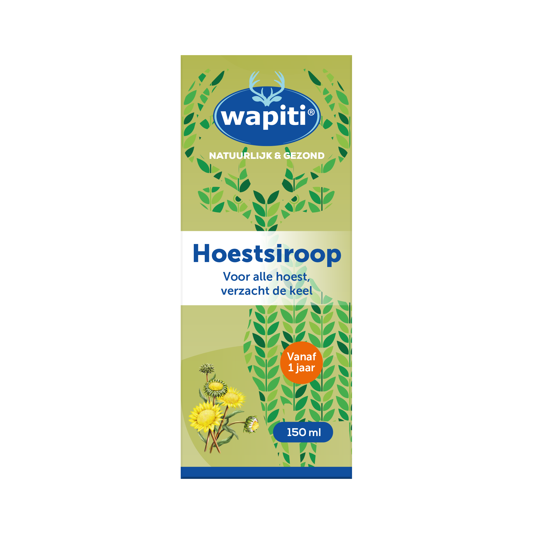 Wapiti Hoestsiroop in 150ml bottle, herbal cough syrup for soothing sore throats and cough relief, with product label visible.