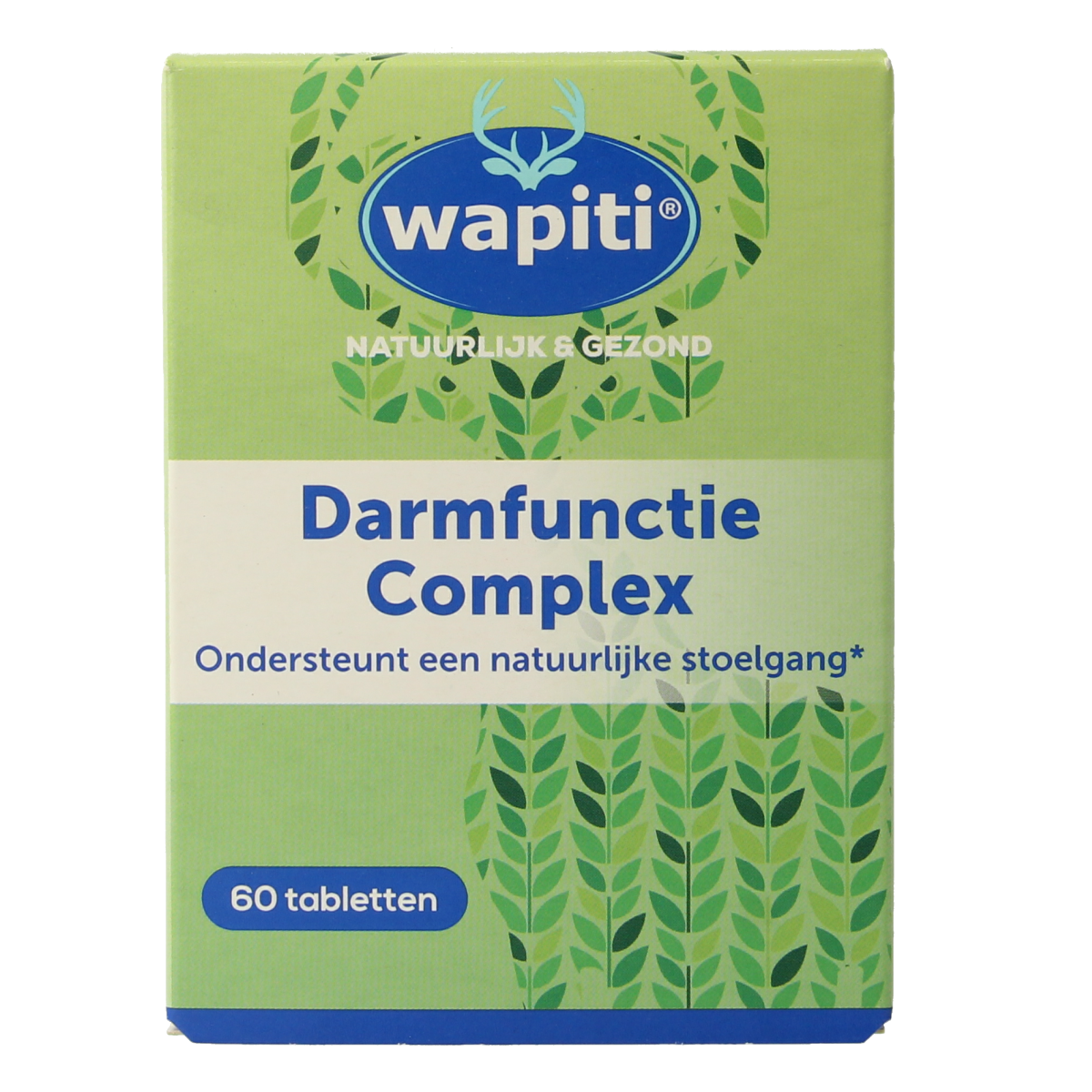 Wapiti Darmfunctie complex herbal tablets in a blister pack, natural supplement for digestive health.