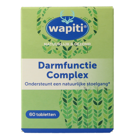 Wapiti Darmfunctie complex herbal tablets in a blister pack, natural supplement for digestive health.