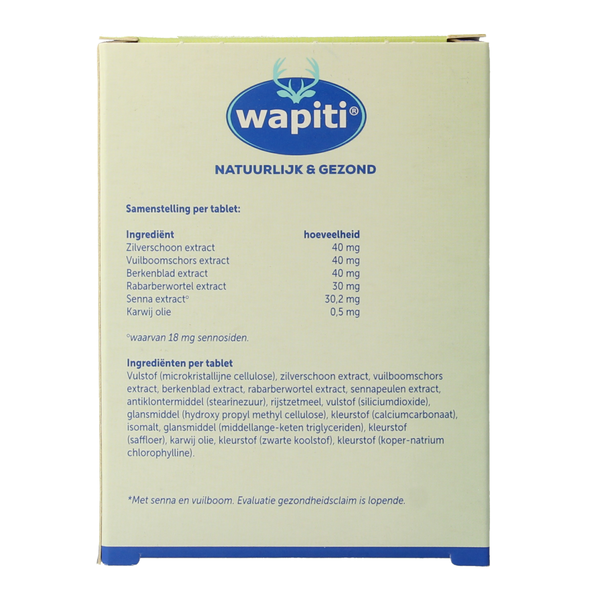 Wapiti Darmfunctie Complex herbal supplement tablets, natural remedy for digestive health, in a clear blister pack.