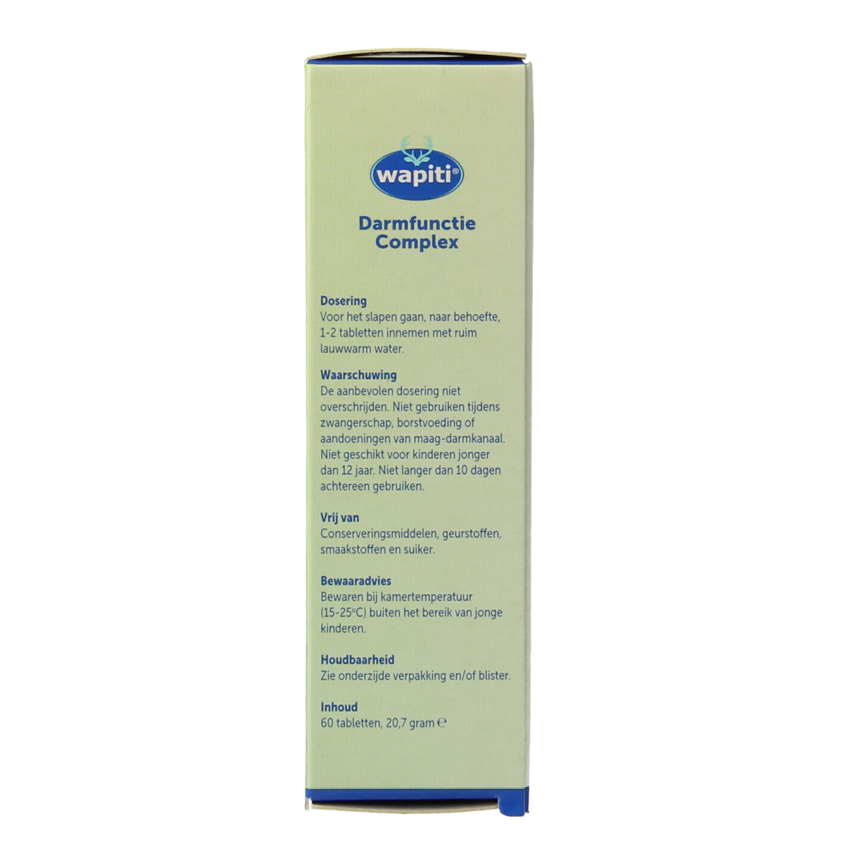 Wapiti Darmfunctie Complex herbal supplement in a bottle of 60 tablets, natural remedy for digestive support.