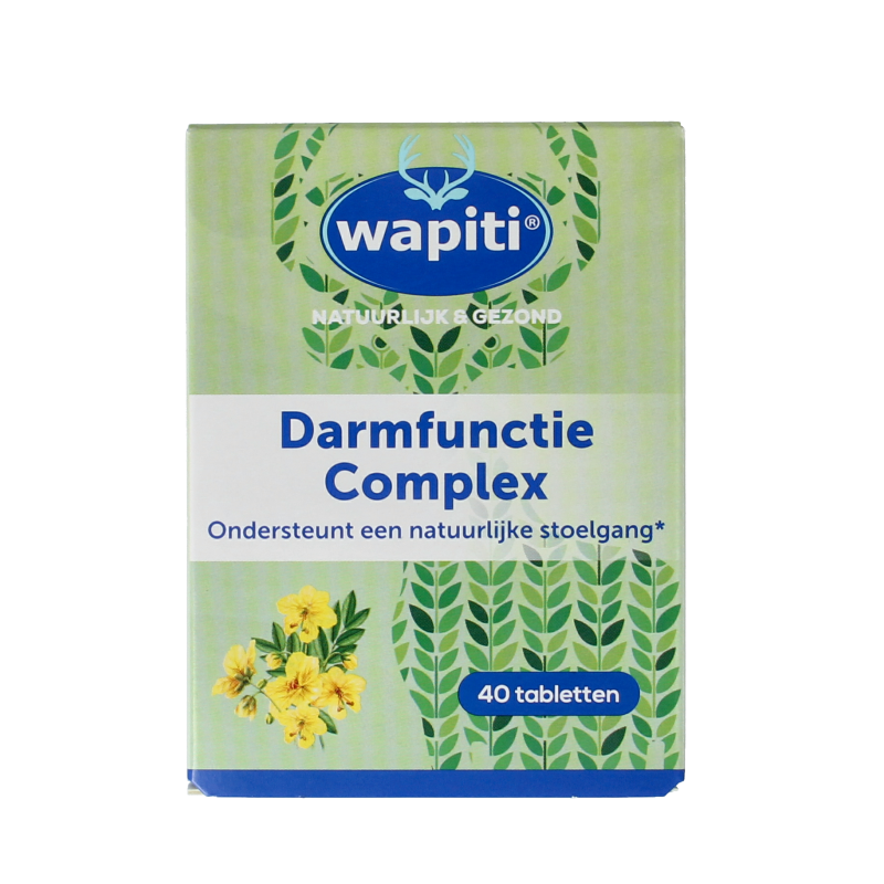 Wapiti Darmfunctie complex kruidenpreparaten, 40 tabletten, showing the herbal supplement packaging with branding and product details.