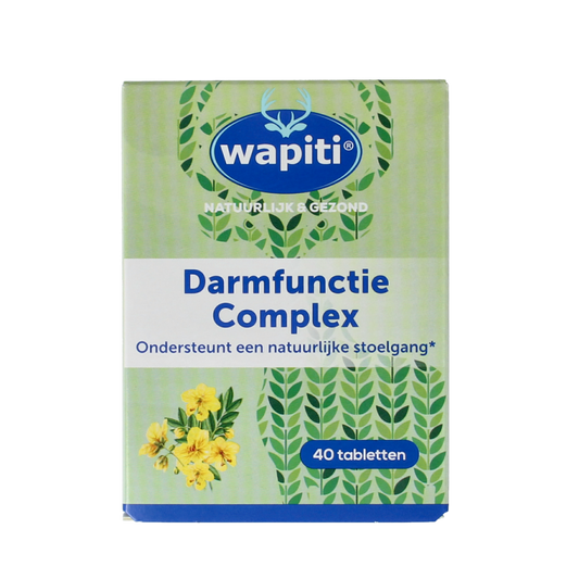 Wapiti Darmfunctie complex kruidenpreparaten, 40 tabletten, showing the herbal supplement packaging with branding and product details.