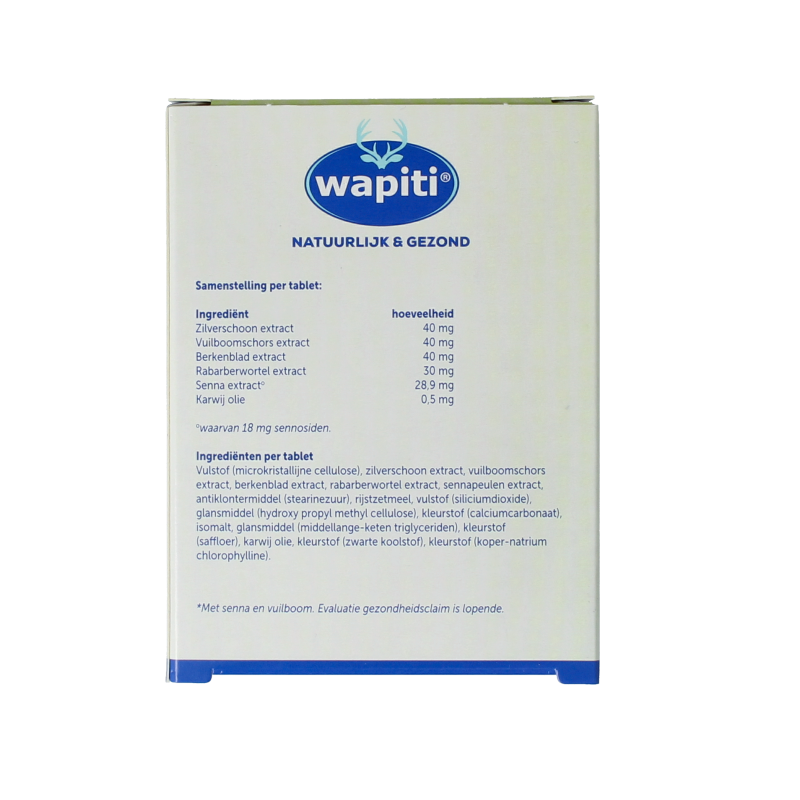 Wapiti Darmfunctie complex herbal tablets in a blister pack, designed to support digestive health and gut function.
