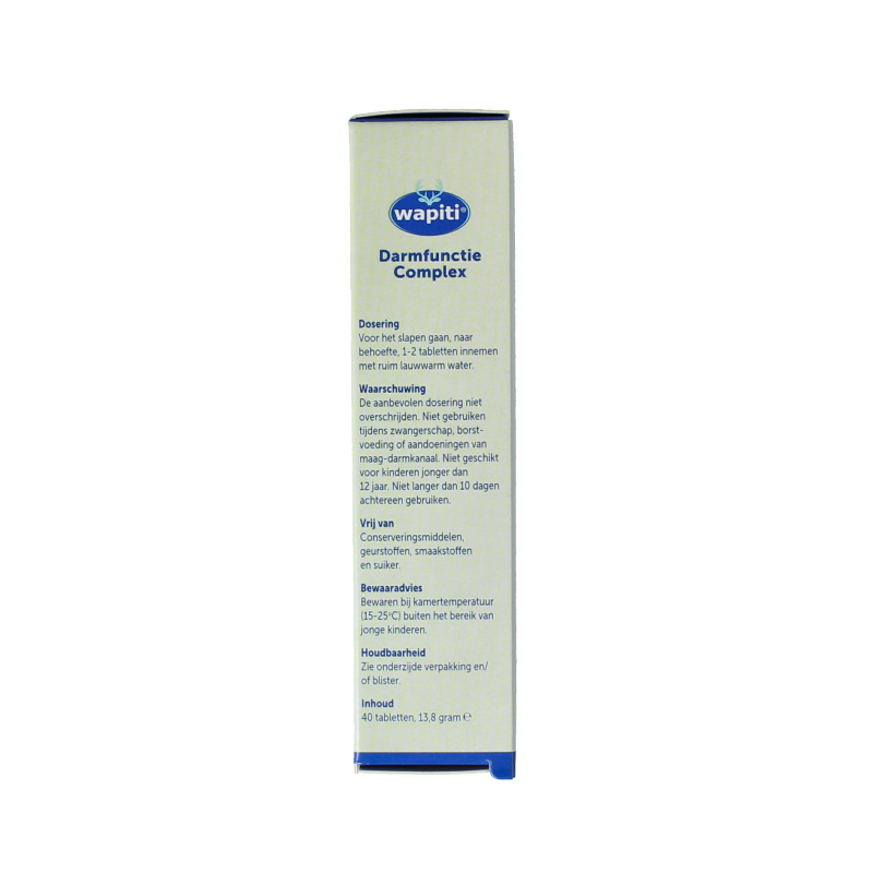 Wapiti Darmfunctie complex in verpakking met 40 tabletten, kruidensupplement voor spijsvertering en darmgezondheid.