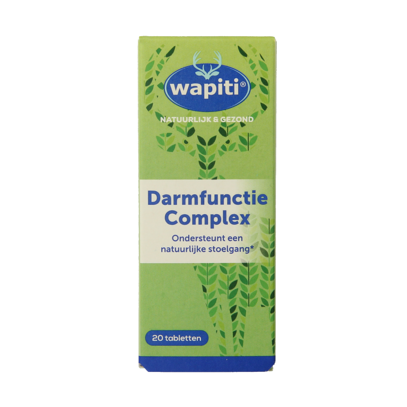 Wapiti Darmfunctie Complex herbal supplement in a box of 20 tablets, featuring natural herbal ingredients for digestive support.
