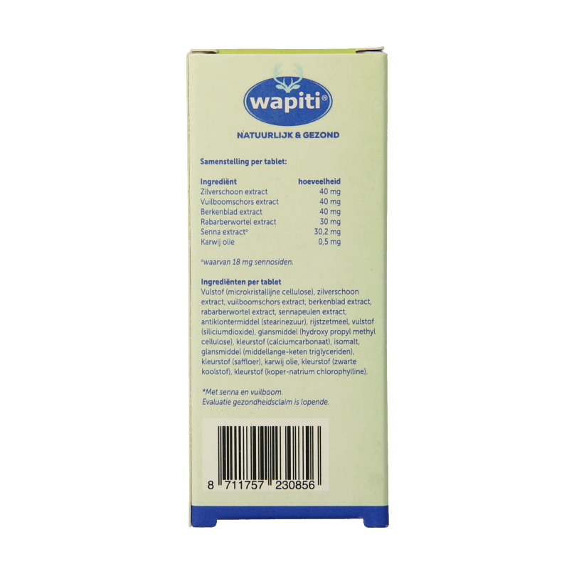Wapiti Darmfunctie complex herbal supplement with 20 tablets, featuring natural ingredients for digestive support.