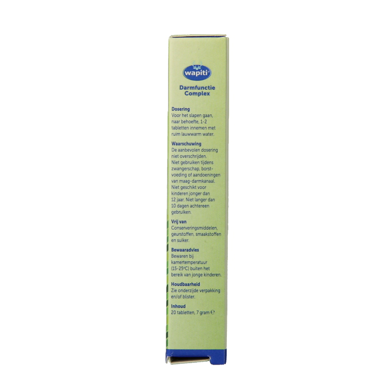Wapiti Darmfunctie complex herbal supplement in a box of 20 tablets, featuring natural ingredients for digestive support.