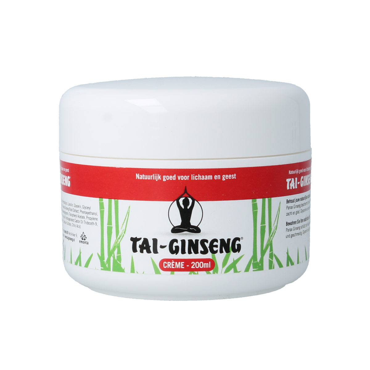 Tai-Ginseng body cream in 200ml jar, nourishing skincare product with ginseng extract for healthy, revitalized skin.